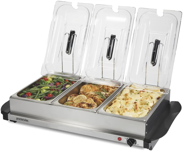Main image of Electric Buffet Server & Food Warmer With Lids | For Parties, Holidays and Entertaining | Adjustable Temp | Three 2.5 Quart Oven-Safe Chafing Dish Set | Stainless Steel