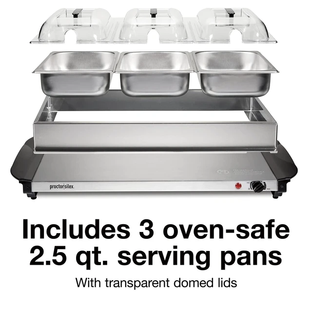 Alt view image 4 of 7 - Electric Buffet Server & Food Warmer With Lids | For Parties, Holidays and Entertaining | Adjustable Temp | Three 2.5 Quart Oven-Safe Chafing Dish Set | Stainless Steel