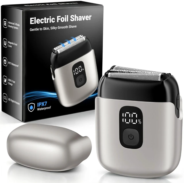 Main image of Electric Foil Shavers for Men, Mini Electric Razor with 3 Floating Blades, IPX7 Waterproof Cordless Shaver, LED Battery Display, USB-C Fast Charging & Travel Lock, Champagne Gold