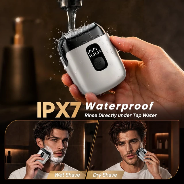 Alt view image 4 of 7 - Electric Foil Shavers for Men, Mini Electric Razor with 3 Floating Blades, IPX7 Waterproof Cordless Shaver, LED Battery Display, USB-C Fast Charging & Travel Lock, Champagne Gold