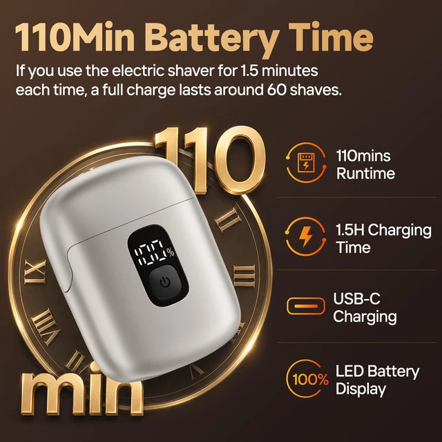 Alt view image 5 of 7 - Electric Foil Shavers for Men, Mini Electric Razor with 3 Floating Blades, IPX7 Waterproof Cordless Shaver, LED Battery Display, USB-C Fast Charging & Travel Lock, Champagne Gold