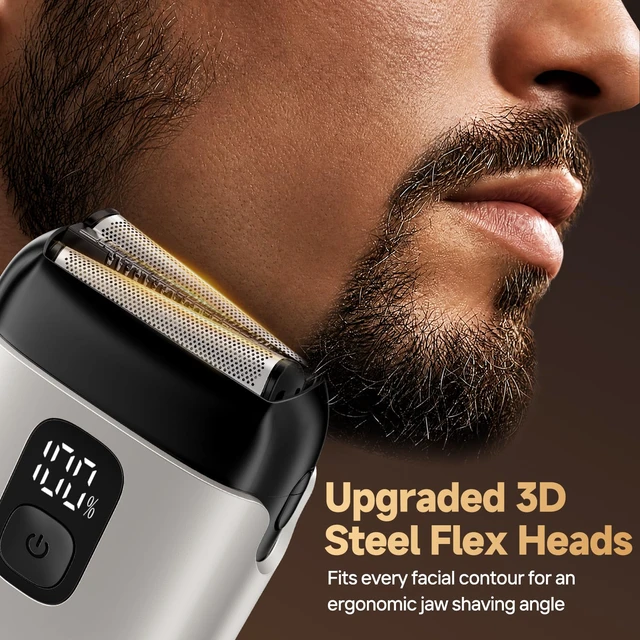 Alt view image 3 of 7 - Electric Foil Shavers for Men, Mini Electric Razor with 3 Floating Blades, IPX7 Waterproof Cordless Shaver, LED Battery Display, USB-C Fast Charging & Travel Lock, Champagne Gold