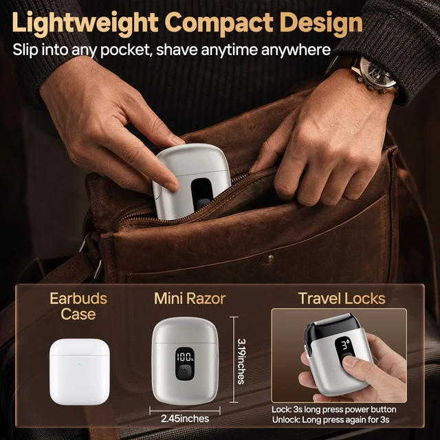 Alt view image 6 of 7 - Electric Foil Shavers for Men, Mini Electric Razor with 3 Floating Blades, IPX7 Waterproof Cordless Shaver, LED Battery Display, USB-C Fast Charging & Travel Lock, Champagne Gold