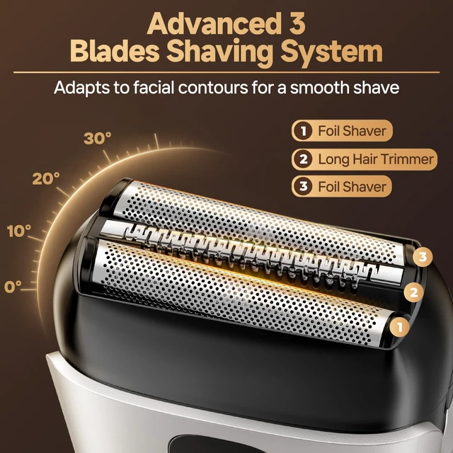Alt view image 2 of 7 - Electric Foil Shavers for Men, Mini Electric Razor with 3 Floating Blades, IPX7 Waterproof Cordless Shaver, LED Battery Display, USB-C Fast Charging & Travel Lock, Champagne Gold