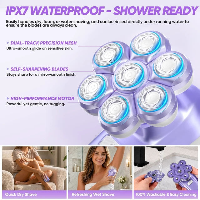 Alt view image 4 of 7 - Electric Shaver for Women, Electric Razor with 7D Magnetic Shaver Heads, Wet Dry Bikini Trimmer Kit for Women & Men, Nose Ear Hair Trimmer, USB Rechargeable Clippers, Purple