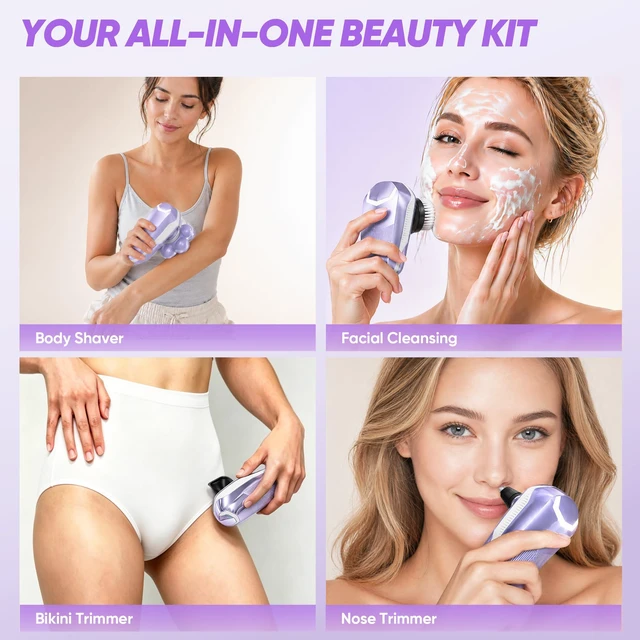 Alt view image 5 of 7 - Electric Shaver for Women, Electric Razor with 7D Magnetic Shaver Heads, Wet Dry Bikini Trimmer Kit for Women & Men, Nose Ear Hair Trimmer, USB Rechargeable Clippers, Purple