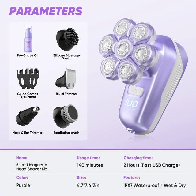 Alt view image 6 of 7 - Electric Shaver for Women, Electric Razor with 7D Magnetic Shaver Heads, Wet Dry Bikini Trimmer Kit for Women & Men, Nose Ear Hair Trimmer, USB Rechargeable Clippers, Purple