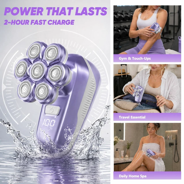Alt view image 7 of 7 - Electric Shaver for Women, Electric Razor with 7D Magnetic Shaver Heads, Wet Dry Bikini Trimmer Kit for Women & Men, Nose Ear Hair Trimmer, USB Rechargeable Clippers, Purple