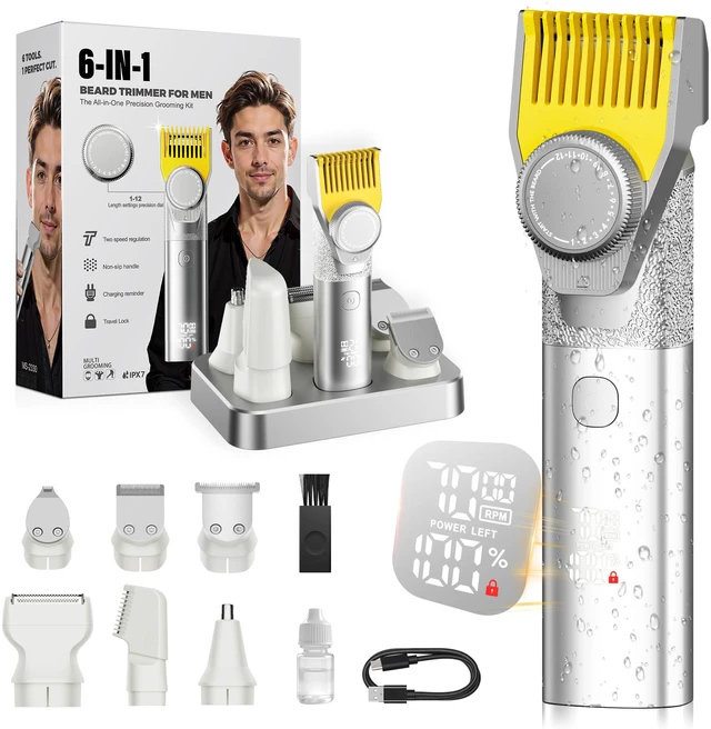 Main image of Beard Trimmer for Men, 6-in-1 Men's Grooming Kit,IPX7 Waterproof Wet/Dry, 2-Speed electric razor for men, Easy-Swap Magnetic Heads, LED Display, 20-Length Dial, 4.5-hour battery life,USB-C,Argent
