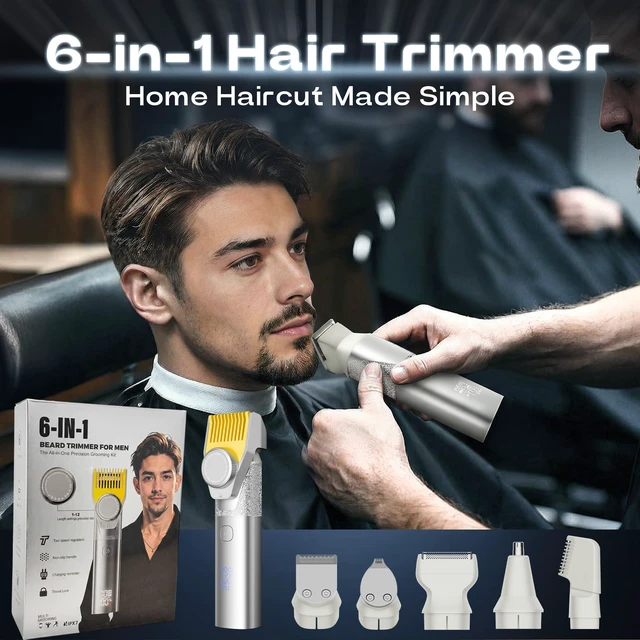 Alt view image 7 of 7 - Beard Trimmer for Men, 6-in-1 Men's Grooming Kit,IPX7 Waterproof Wet/Dry, 2-Speed electric razor for men, Easy-Swap Magnetic Heads, LED Display, 20-Length Dial, 4.5-hour battery life,USB-C,Argent