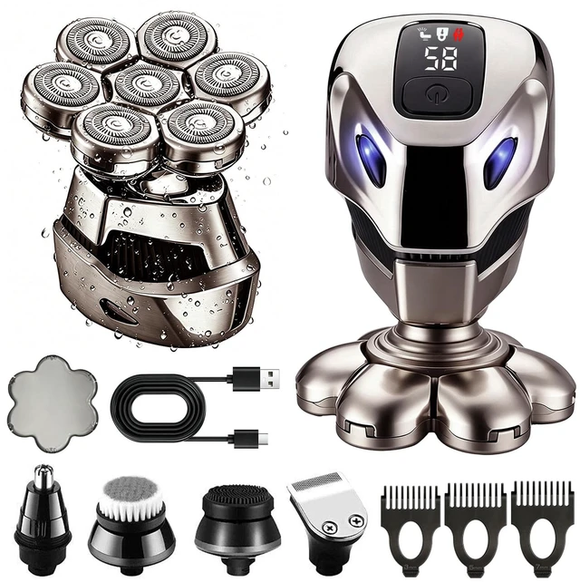 Main image of 5-in-1 Head Shavers for Bald Men, 7D Floating Skull Shaver | Mens Grooming Kit, IPX7 Waterproof Electric Razor with Clipper, Nose Trimmer, Brush, Massager, USB-C Charging, LED Display