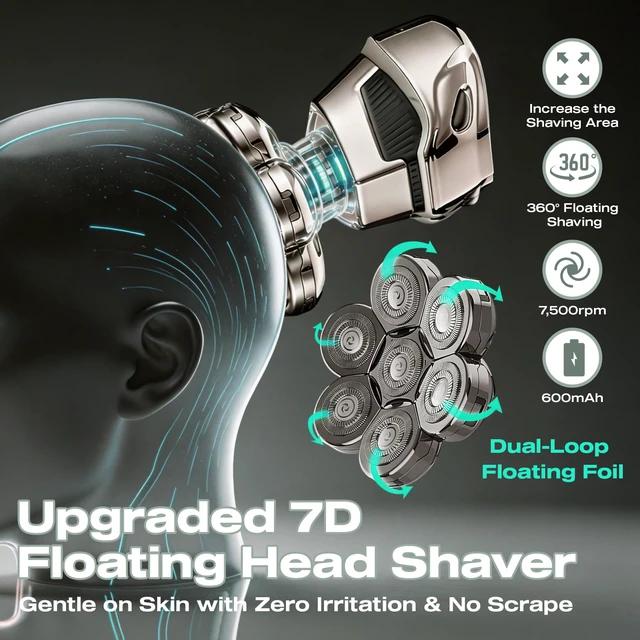 Alt view image 2 of 7 - 5-in-1 Head Shavers for Bald Men, 7D Floating Skull Shaver | Mens Grooming Kit, IPX7 Waterproof Electric Razor with Clipper, Nose Trimmer, Brush, Massager, USB-C Charging, LED Display
