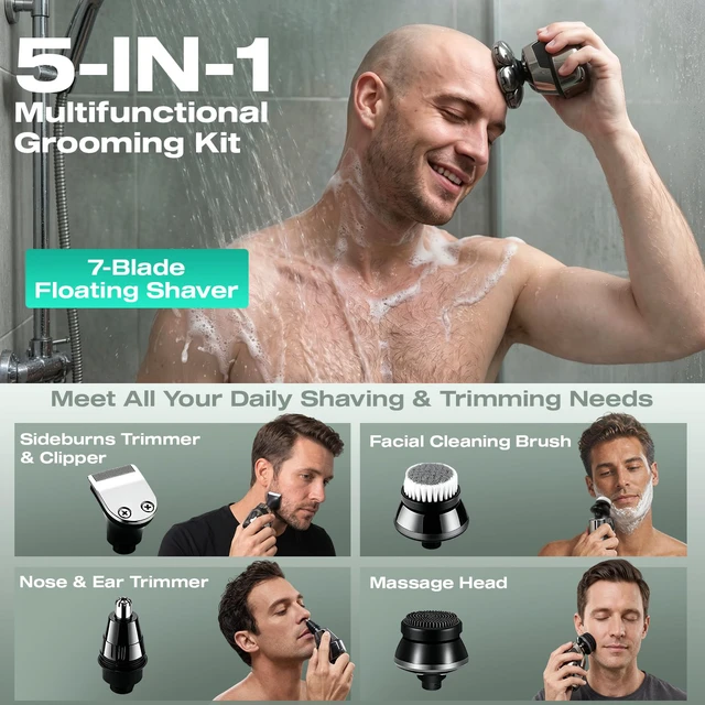 Alt view image 3 of 7 - 5-in-1 Head Shavers for Bald Men, 7D Floating Skull Shaver | Mens Grooming Kit, IPX7 Waterproof Electric Razor with Clipper, Nose Trimmer, Brush, Massager, USB-C Charging, LED Display