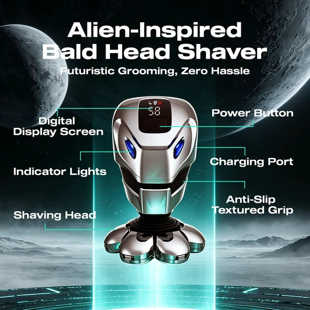 Alt view image 4 of 7 - 5-in-1 Head Shavers for Bald Men, 7D Floating Skull Shaver | Mens Grooming Kit, IPX7 Waterproof Electric Razor with Clipper, Nose Trimmer, Brush, Massager, USB-C Charging, LED Display