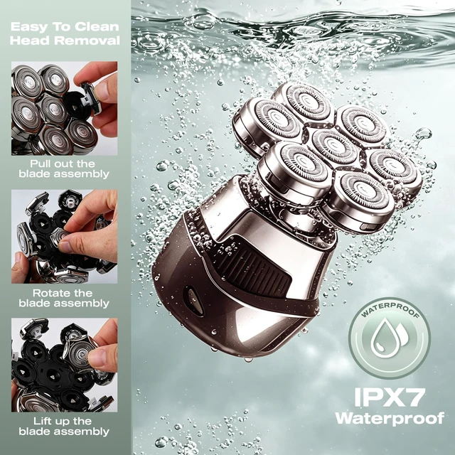 Alt view image 7 of 7 - 5-in-1 Head Shavers for Bald Men, 7D Floating Skull Shaver | Mens Grooming Kit, IPX7 Waterproof Electric Razor with Clipper, Nose Trimmer, Brush, Massager, USB-C Charging, LED Display