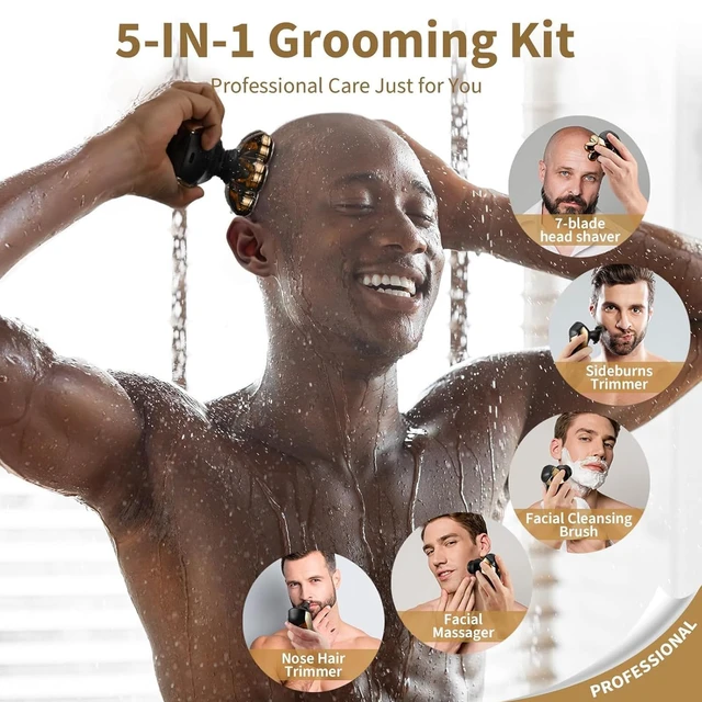 Alt view image 4 of 7 - Head Shavers for Bald Men: 5-in-1 Electric Razor - IPX7 Waterproof Shaving Grooming Kit for Balder - Turbo Speed & Precision Blades (Ink Gold)