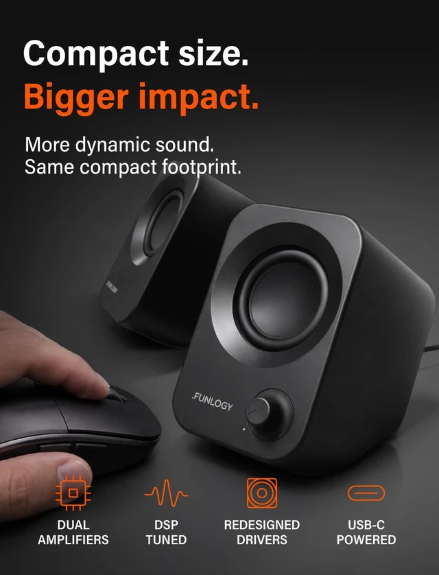 Alt view image 2 of 7 - Speaker Plus - 14W Stereo PC Speakers, Dual Amplifiers & DSP Tuned, USB-C Powered, 3.5mm AUX, Compact Desktop Speakers with 30° Tilt, for PC, Laptop, Monitor & Gaming,Black