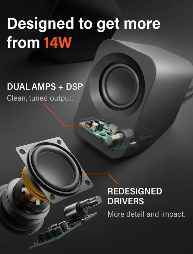 Alt view image 4 of 7 - Speaker Plus - 14W Stereo PC Speakers, Dual Amplifiers & DSP Tuned, USB-C Powered, 3.5mm AUX, Compact Desktop Speakers with 30° Tilt, for PC, Laptop, Monitor & Gaming,Black
