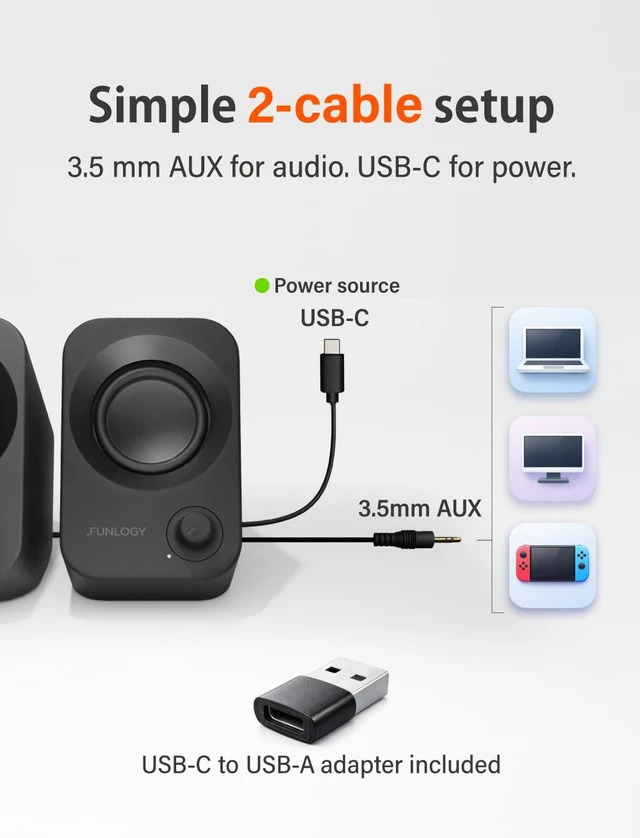 Alt view image 6 of 7 - Speaker Plus - 14W Stereo PC Speakers, Dual Amplifiers & DSP Tuned, USB-C Powered, 3.5mm AUX, Compact Desktop Speakers with 30° Tilt, for PC, Laptop, Monitor & Gaming,Black
