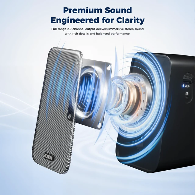 Alt view image 2 of 7 - Computer Speakers for Desktop PC with Volume Control & Headphone Jack | Compact 2.0 Channel Stereo Desktop & Laptop Speaker, 10W, Enhanced Auido, Plug & Play USB Powered (USBA or Type-C), 3.5mm AUX