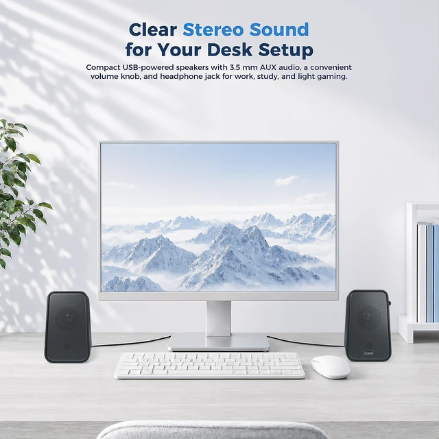Alt view image 3 of 7 - Computer Speakers for Desktop PC with Volume Control & Headphone Jack | Compact 2.0 Channel Stereo Desktop & Laptop Speaker, 10W, Enhanced Auido, Plug & Play USB Powered (USBA or Type-C), 3.5mm AUX