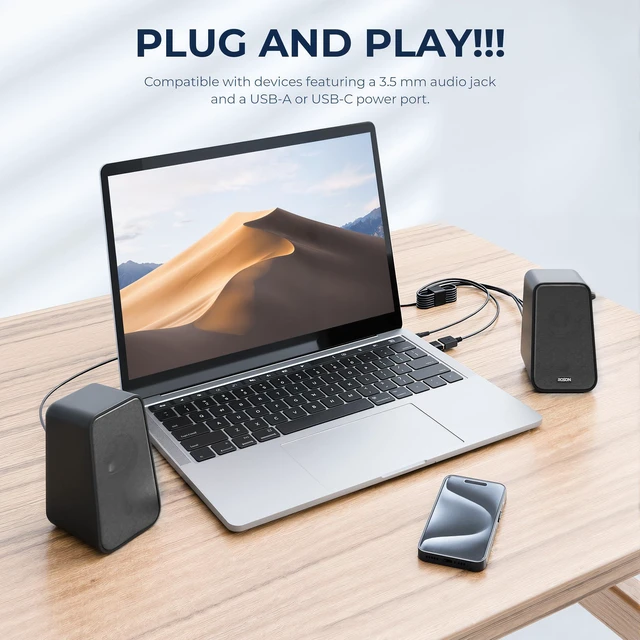 Alt view image 5 of 7 - Computer Speakers for Desktop PC with Volume Control & Headphone Jack | Compact 2.0 Channel Stereo Desktop & Laptop Speaker, 10W, Enhanced Auido, Plug & Play USB Powered (USBA or Type-C), 3.5mm AUX