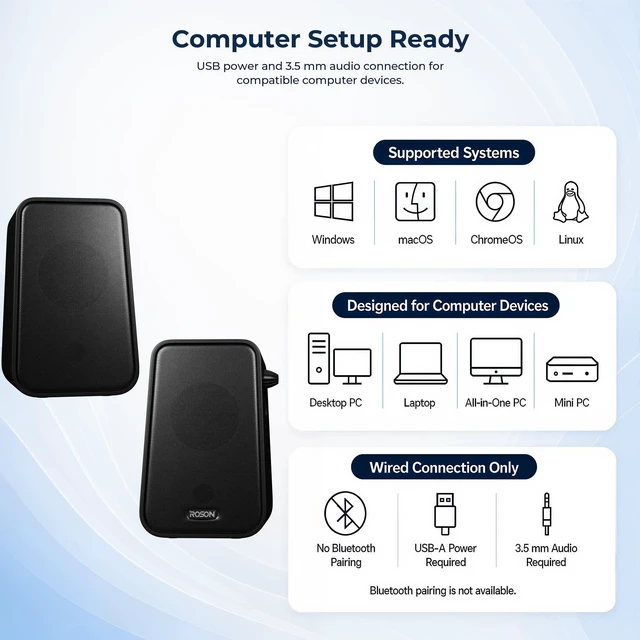 Alt view image 7 of 7 - Computer Speakers for Desktop PC with Volume Control & Headphone Jack | Compact 2.0 Channel Stereo Desktop & Laptop Speaker, 10W, Enhanced Auido, Plug & Play USB Powered (USBA or Type-C), 3.5mm AUX