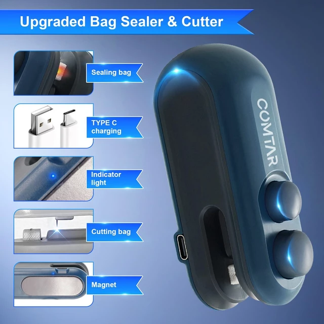 Alt view image 3 of 7 - Mini Bag Sealer,Chip Bag Sealer,2 IN 1 Heat Sealer & Cutter | Upgraded 2 in 1 Heat Sealer & Cutter, Rechargeable USB C, With Magnet, Portable Resealer Machine for Plastic Bags