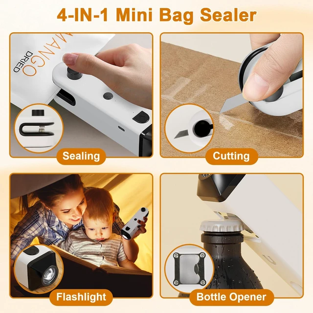 Alt view image 2 of 7 - 4-in-1 Portable Mini Bag Sealer, USB Rechargeable Handheld Heat Sealer | with Cutter, LED Flashlight & Bottle Opener, Resealer for Chip Snack Plastic Bags, Kitchen Food Storage Travel Camping
