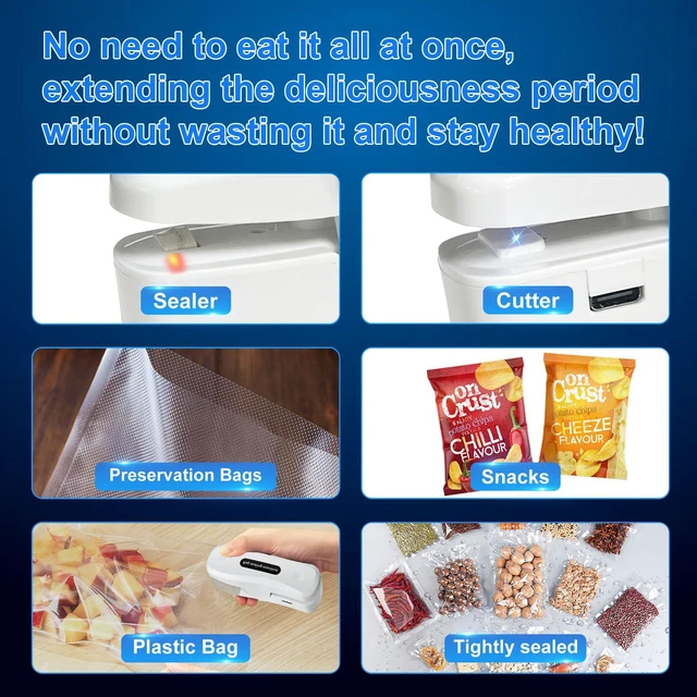 Alt view image 4 of 7 - Mini Bag Sealer, USB-C Rechargeable Heat Sealer & Cutter, 2-in-1 Portable Chip Bag Sealer with Magnet, Resealer for Plastic Bags, Snacks & Food Storage (White)
