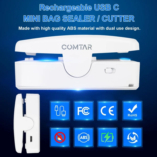 Alt view image 3 of 7 - Mini Bag Sealer, USB-C Rechargeable Heat Sealer & Cutter, 2-in-1 Portable Chip Bag Sealer with Magnet, Resealer for Plastic Bags, Snacks & Food Storage (White)