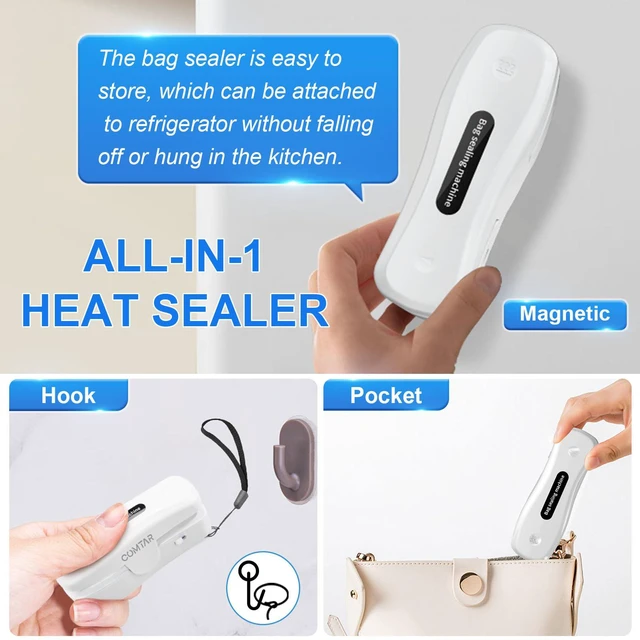 Alt view image 5 of 7 - Mini Bag Sealer, USB-C Rechargeable Heat Sealer & Cutter, 2-in-1 Portable Chip Bag Sealer with Magnet, Resealer for Plastic Bags, Snacks & Food Storage (White)