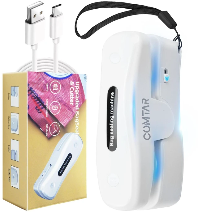 Main image of Mini Bag Sealer, USB-C Rechargeable Heat Sealer & Cutter, 2-in-1 Portable Chip Bag Sealer with Magnet, Resealer for Plastic Bags, Snacks & Food Storage (White)