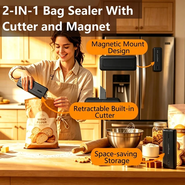 Alt view image 3 of 7 - Mini Bag Sealer, 2 in 1 Heat Bag Sealer with Cutter and Magnet for Kitchen Fridge, 1300mAh Rechargeable Heat Bag Resealer for Fresh Chips Snacks Mylar Plastic Bags Food Packaging Home Bakers Gift