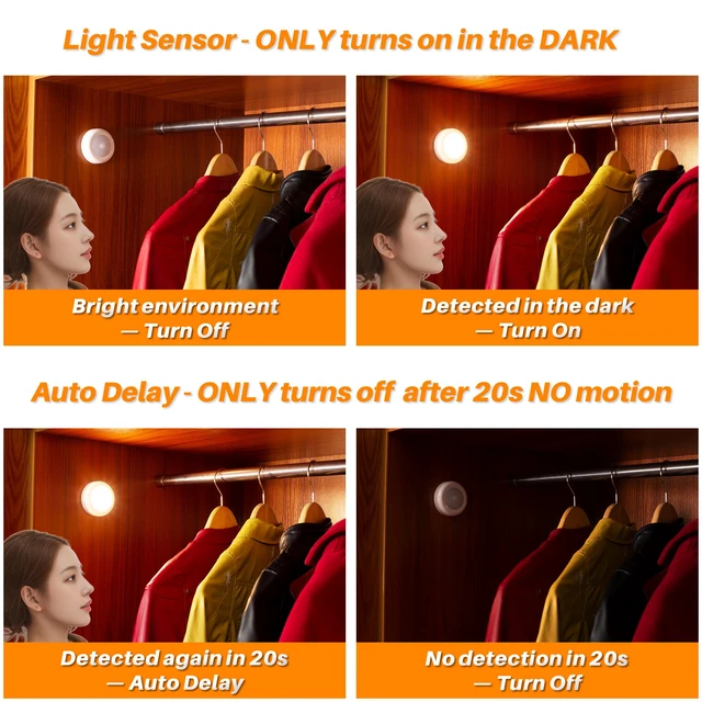 Alt view image 3 of 7 - 2.8 LED Motion Sensor Lights Indoor AAA Battery, 6 Pack Warm | Stick on Puck Light Battery Powered, Round Motion Activated Night Lamps, For Closet Stairs Under Cabinet Kitchen Pantry Shelf