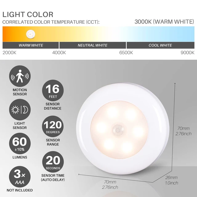 Alt view image 4 of 7 - 2.8 LED Motion Sensor Lights Indoor AAA Battery, 6 Pack Warm | Stick on Puck Light Battery Powered, Round Motion Activated Night Lamps, For Closet Stairs Under Cabinet Kitchen Pantry Shelf