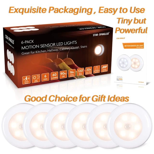 Alt view image 6 of 7 - 2.8 LED Motion Sensor Lights Indoor AAA Battery, 6 Pack Warm | Stick on Puck Light Battery Powered, Round Motion Activated Night Lamps, For Closet Stairs Under Cabinet Kitchen Pantry Shelf