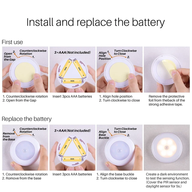 Alt view image 5 of 7 - 2.8 LED Motion Sensor Lights Indoor AAA Battery, 6 Pack Warm | Stick on Puck Light Battery Powered, Round Motion Activated Night Lamps, For Closet Stairs Under Cabinet Kitchen Pantry Shelf