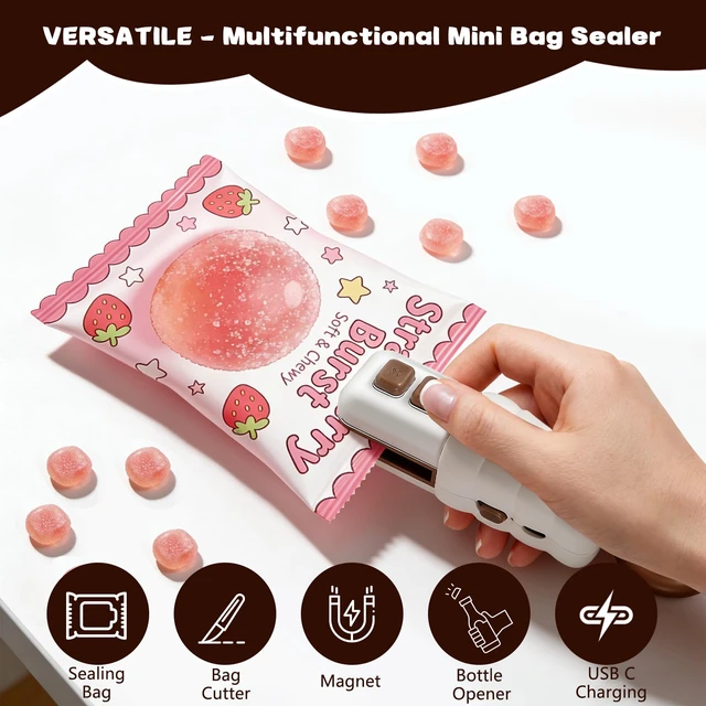Alt view image 2 of 7 - Mini Bag Sealer,3 in 1 Rechargeable Heat Sealer with Bottle Opener,Portable Resealer Machine with Cutter for Chips,Snacks & Plastic Bags (Yellow)