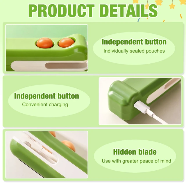 Alt view image 7 of 7 - 2PCS Bag Sealer,2 in 1 Mini Bag Sealer with Cutter and Magnet,Rechargeable Bag Sealer Handheld,Portable Heat Sealer for Plastic Snack & Chip Bags,Food Saver, Kitchen Storage Gadgets