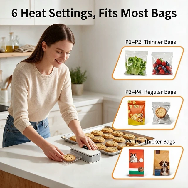 Alt view image 3 of 6 - Mini Bag Sealer & Cutter, USB-C Rechargeable, 6-Gear Adjustable Heat, LED Display, Magnetic, for Chips/Snacks/Mylar/Plastic, No Preheating, Freshness Keeper, Portable Travel Gadget, White