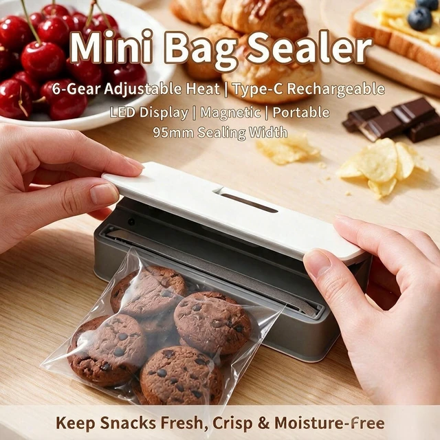 Alt view image 2 of 6 - Mini Bag Sealer & Cutter, USB-C Rechargeable, 6-Gear Adjustable Heat, LED Display, Magnetic, for Chips/Snacks/Mylar/Plastic, No Preheating, Freshness Keeper, Portable Travel Gadget, White