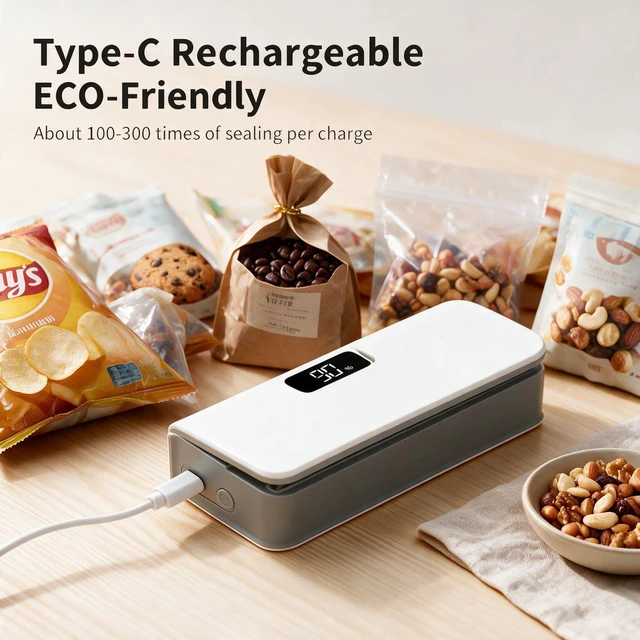 Alt view image 5 of 6 - Mini Bag Sealer & Cutter, USB-C Rechargeable, 6-Gear Adjustable Heat, LED Display, Magnetic, for Chips/Snacks/Mylar/Plastic, No Preheating, Freshness Keeper, Portable Travel Gadget, White
