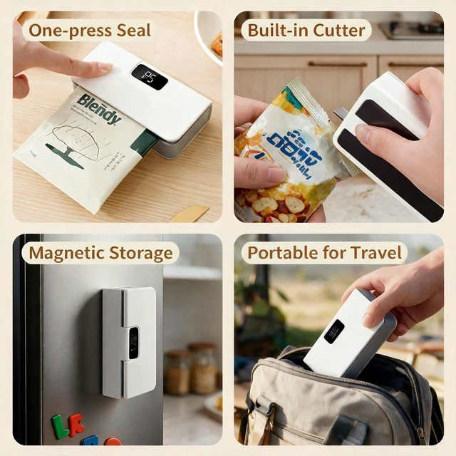 Alt view image 6 of 6 - Mini Bag Sealer & Cutter, USB-C Rechargeable, 6-Gear Adjustable Heat, LED Display, Magnetic, for Chips/Snacks/Mylar/Plastic, No Preheating, Freshness Keeper, Portable Travel Gadget, White
