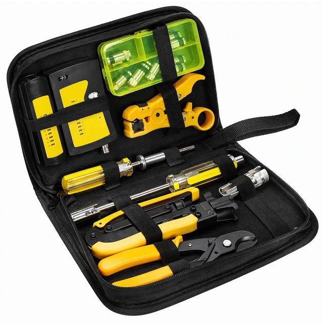 Main image of F Compression Tool Coax Cable Crimper Kit, Adjustable RG6 RG59 RG11 75-5 75-7 Coaxial Cable Stripper with F Compression Connectors Pack of 10