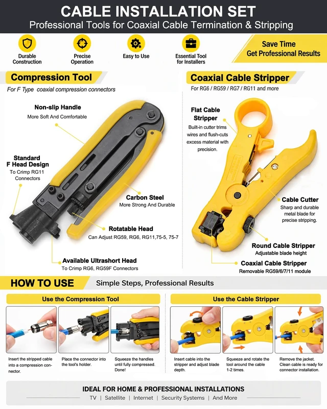 Alt view image 2 of 7 - F Compression Tool Coax Cable Crimper Kit, Adjustable RG6 RG59 RG11 75-5 75-7 Coaxial Cable Stripper with F Compression Connectors Pack of 10