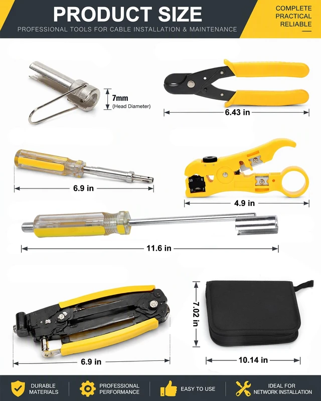Alt view image 6 of 7 - F Compression Tool Coax Cable Crimper Kit, Adjustable RG6 RG59 RG11 75-5 75-7 Coaxial Cable Stripper with F Compression Connectors Pack of 10