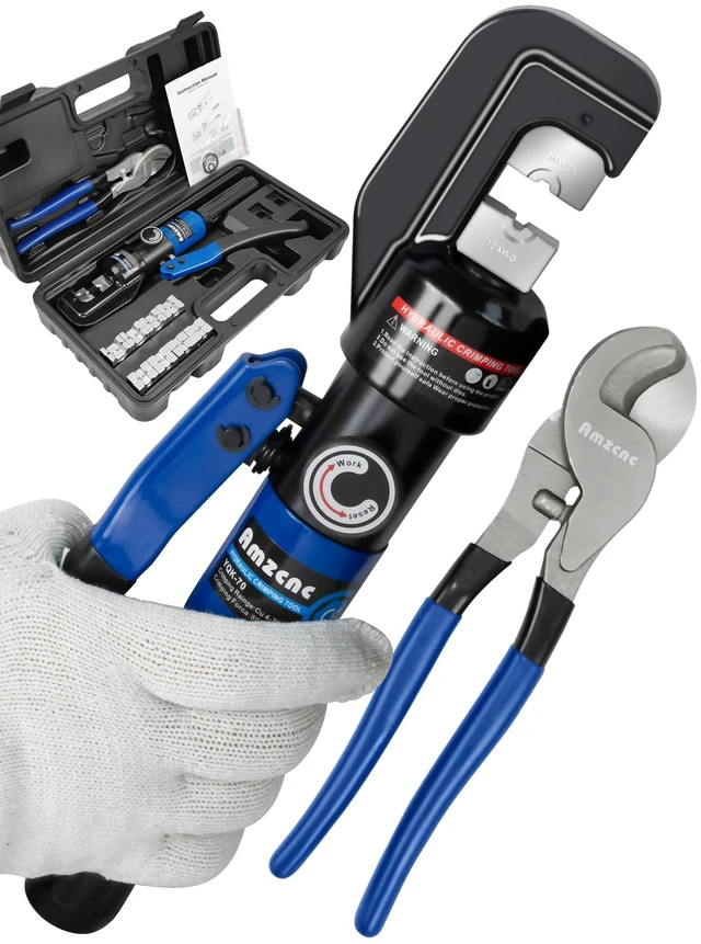 Main image of Hydraulic Cable Lug Crimper with Cable Cutter, 10 Ton, 9 Dies | Electricians & DIYers, Battery, Welding & Power Cable Crimping, 180° Rotating Head, One-Hand Operation