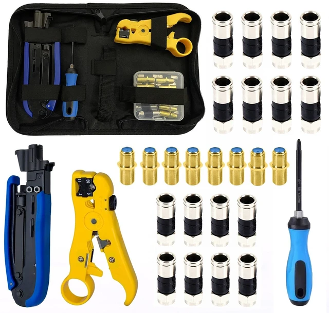 Main image of Coax Cable Crimper Tool Kit, RG6 RG59 Coaxial Compression Tool | Adjustable Coax Crimper for RG6 RG59 RG11, Coaxial Cable Stripper, RG6 and RG59 Connectors, Female to Female Connectors