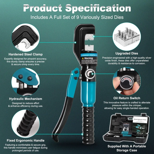 Alt view image 2 of 7 - 10 Tons Hydraulic Crimping Tool with 9 Dies, 12 to 2/0 AWG | Battery Cable Crimper Tool, Wire Rope Crimping Tool for 1/16" 1/8" 3/16" Stainless Steel Cable Railing Tool